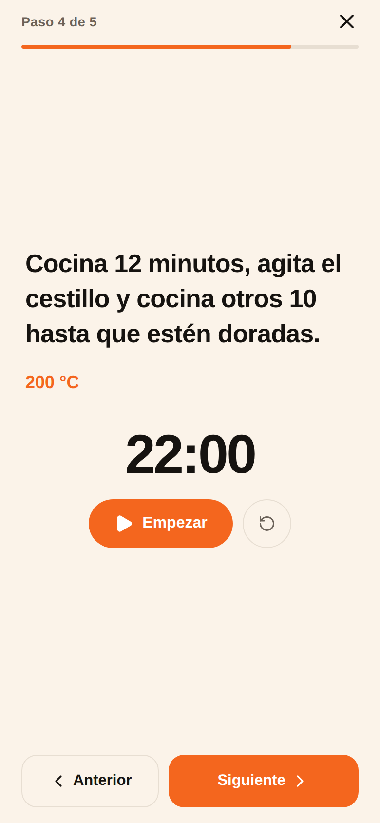 Modo cocina de datafryer, con el paso a pantalla completa y su temporizador